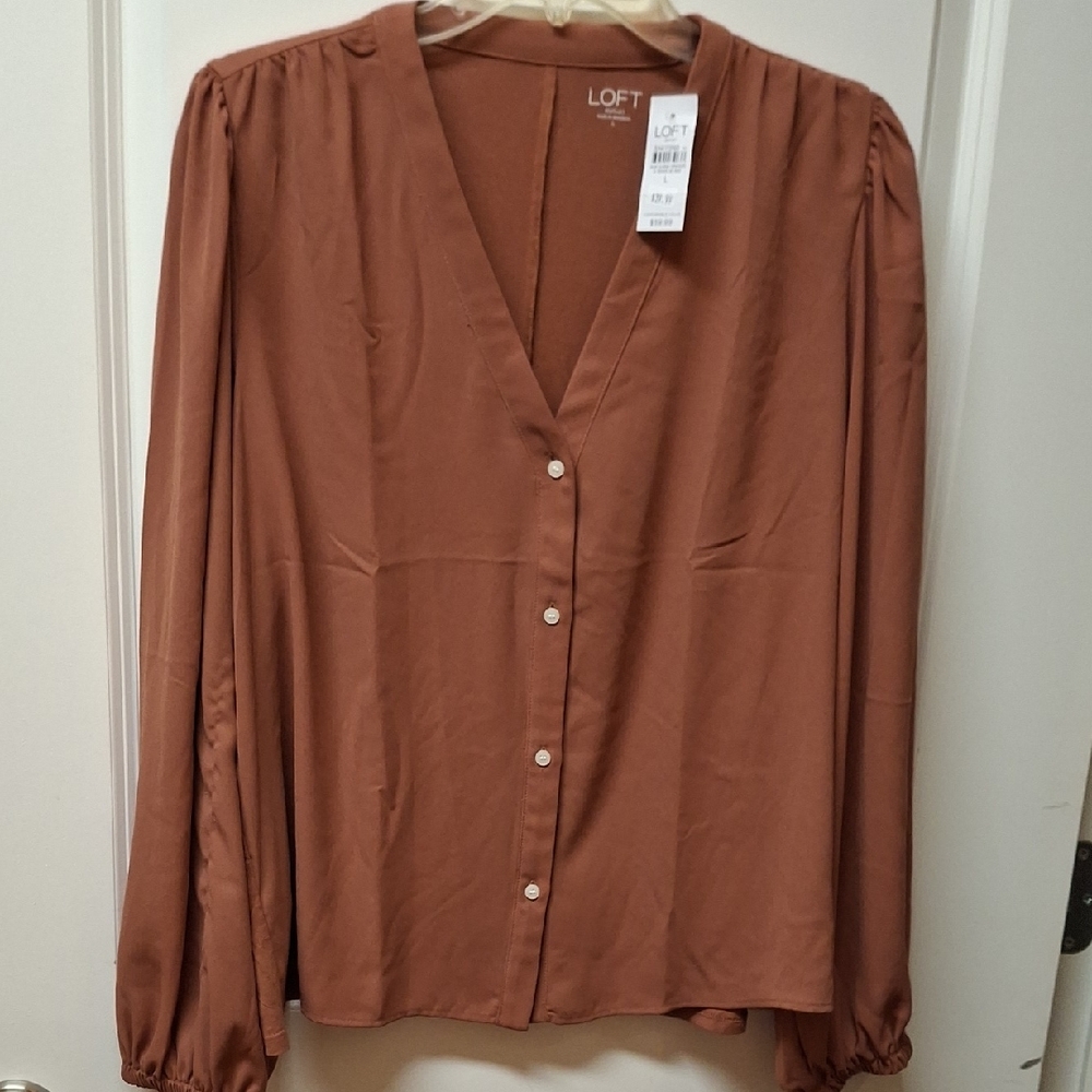 LOFT Rust Brown V-Neck Button Front Women's Blouse Size L